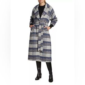 En Saison Demi Plaid Belted Coat in Navy Multi NWT Size Small